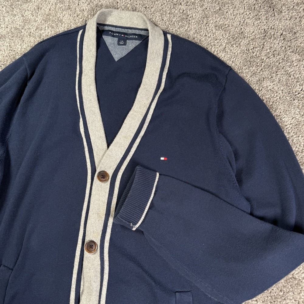 Tommy Hilfiger Men's L Button-Front Navy Blue Signature Cardigan Sweater Preppy